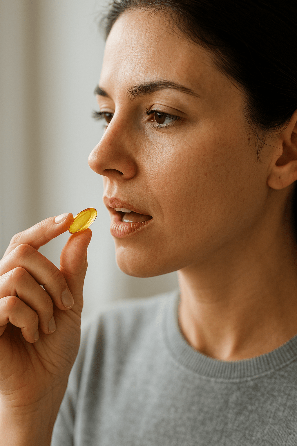 Egy nő vitamin kapszulát tart a szájához, gondolkodva a szedéséről.