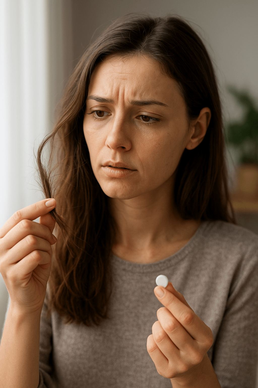Egy nő aggódva nézi a haját, miközben egy vitamin tablettát tart a kezében.