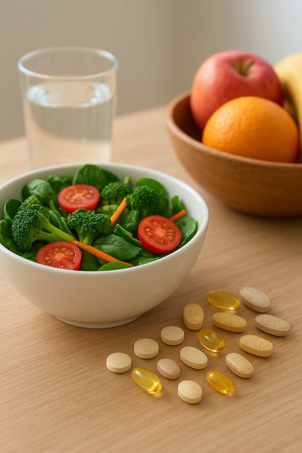 Friss saláta brokkolival, paradicsommal és sárgarépával, vitaminokkal és gyümölcsökkel.