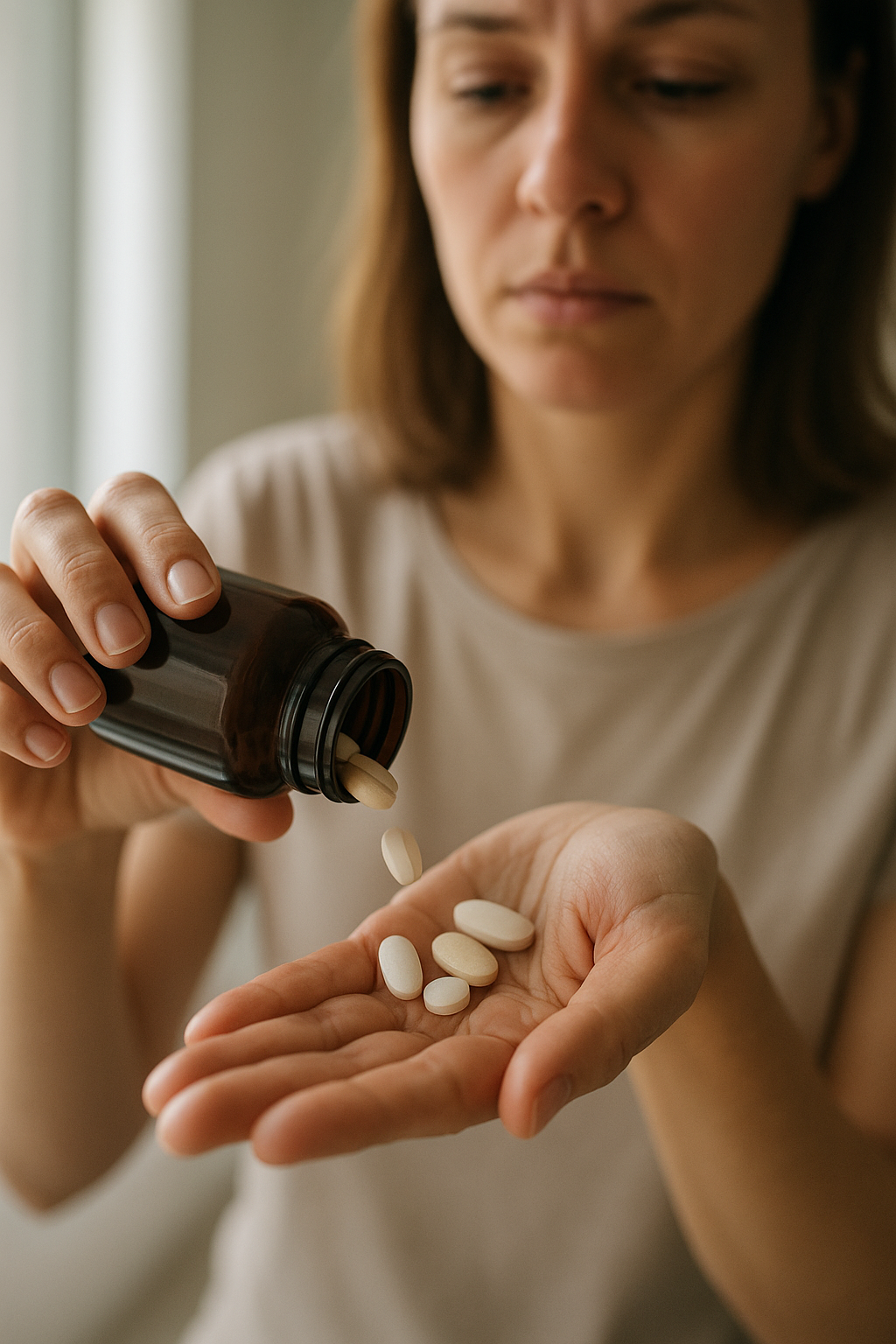 Egy nő vitaminokat önt a kezébe egy barna üvegből, figyelmesen nézve.