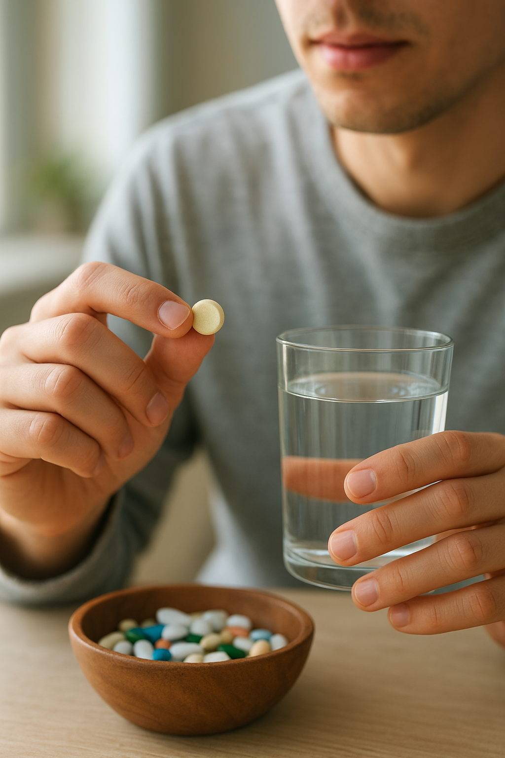 Egy férfi egy sárga vitamintartalmú tablettát tart a kezében, mellette víz és színes tabletták egy tálban.