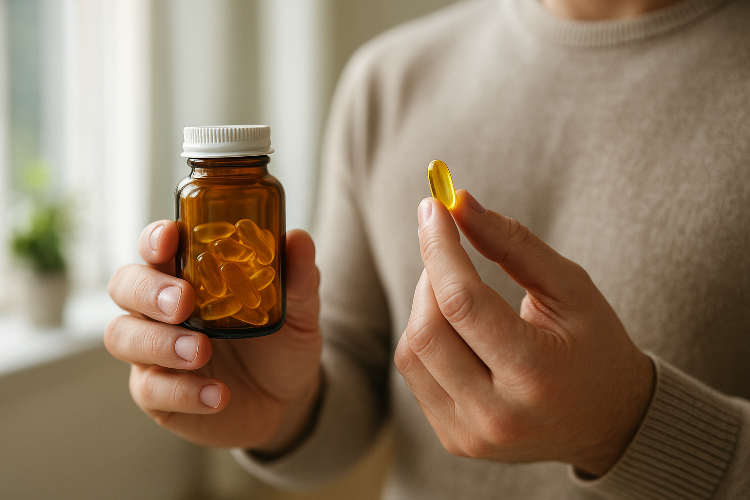Egy férfi D-vitamin kapszulát tart a kezében, mellette egy üveg vitamin.