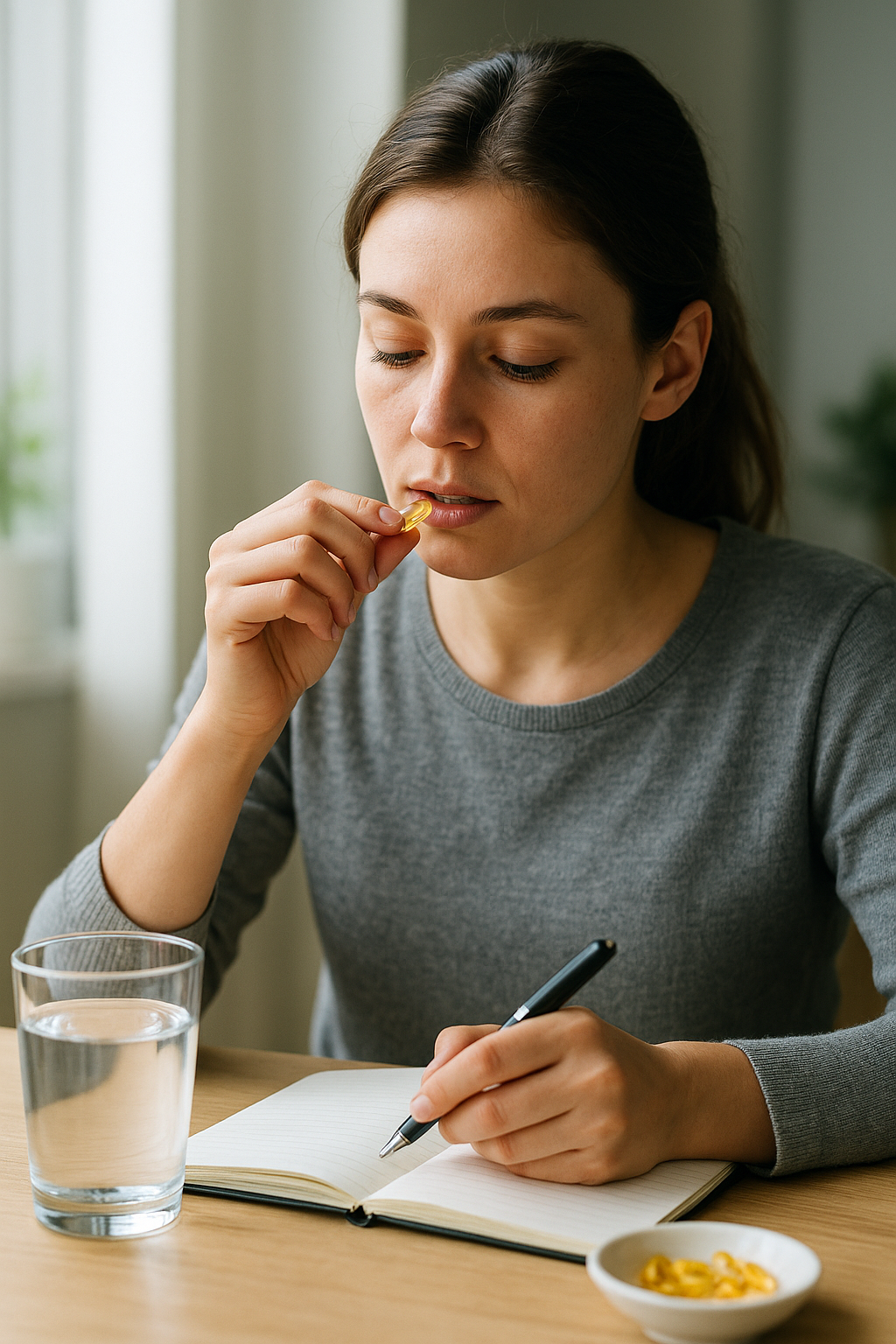 Egy fiatal nő vitamin kapszulát vesz be, miközben jegyzetel.